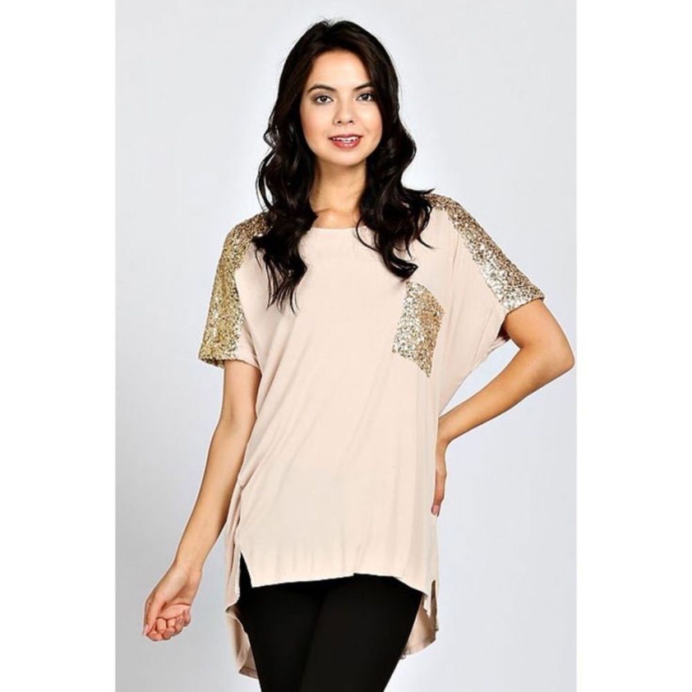 Anthropologie POL Pink and Sequin Short Sleeve Top